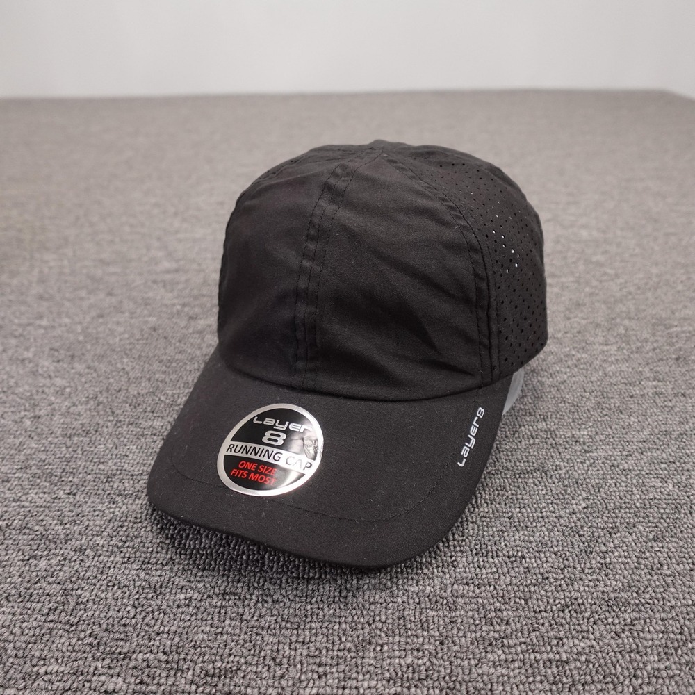 Layer 8 Hat Cap Strap Back Mens One Size Black Running Lightweight Polyester